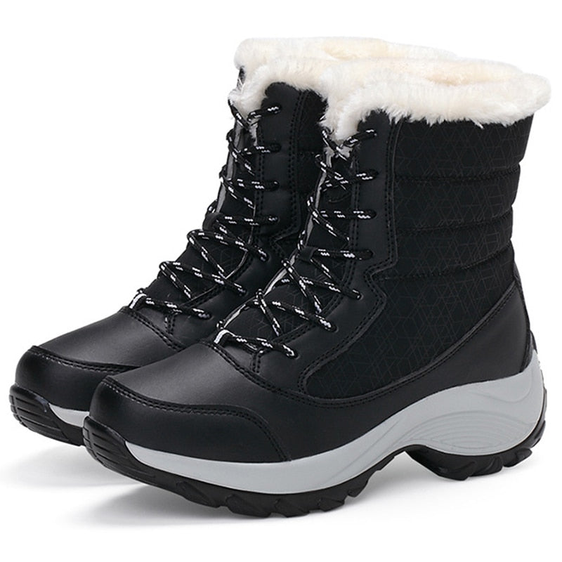 These Women Boots Lightweight Ankle Boots feature red-striped laces, a cozy fur lining, a thick sole, and come in beige and white. They're perfect for snowy days.