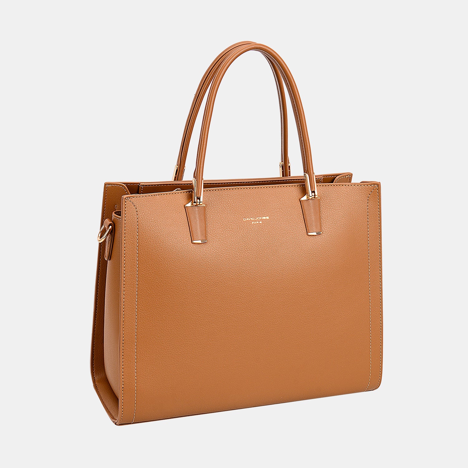 Introducing the David Jones PU Leather Medium Handbag, a chic accessory crafted from tan leather, showcasing dual handles and refined stitching details against a plain background.