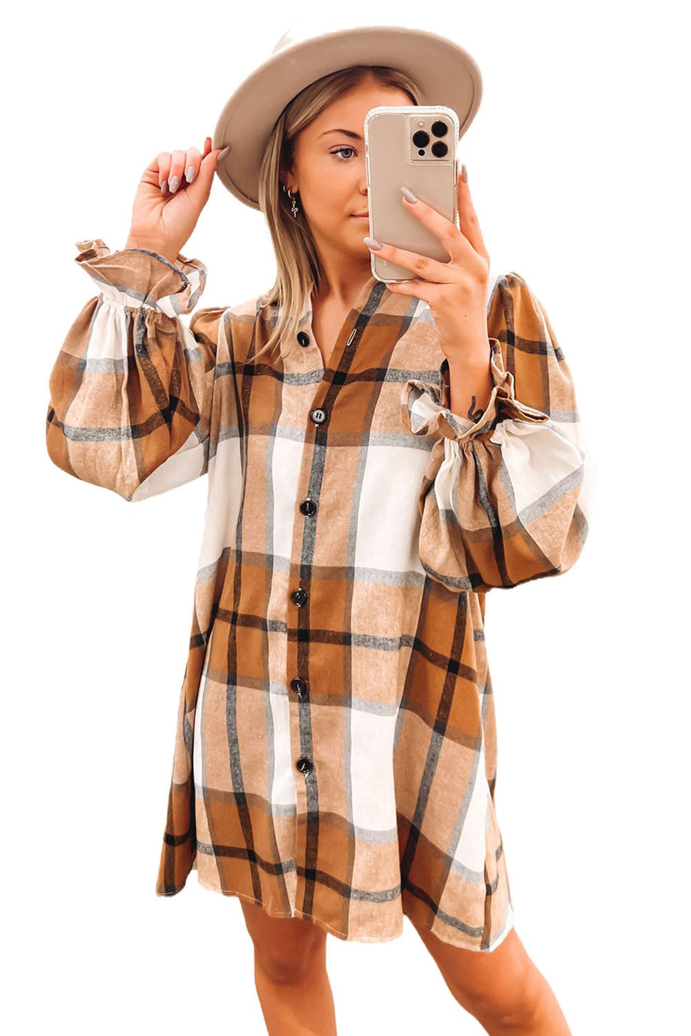 A woman wearing a Khaki Plaid Pattern Collared Neck Ruffled Sleeve Shirt Dress.