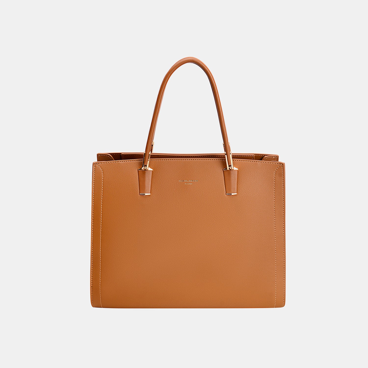 Introducing the David Jones PU Leather Medium Handbag, a chic accessory crafted from tan leather, showcasing dual handles and refined stitching details against a plain background.