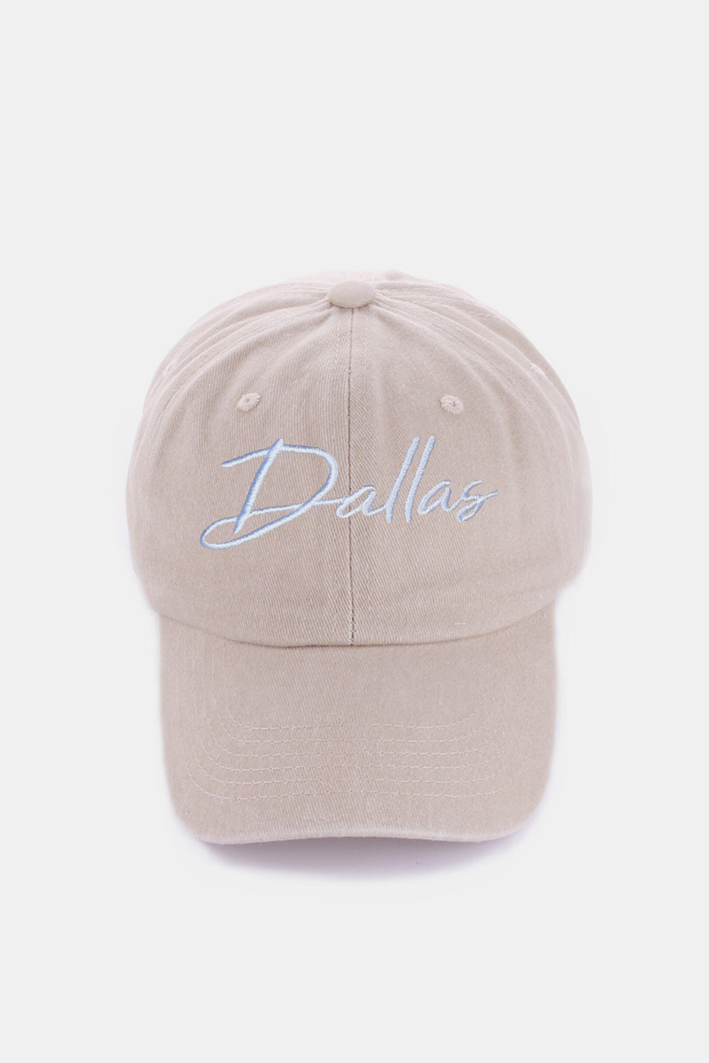 The Zenana Washed DALLAS Embroidered Baseball Cap is a black vintage-style cap featuring the word "Dallas" embroidered in white cursive font on the front, made from 100% cotton.