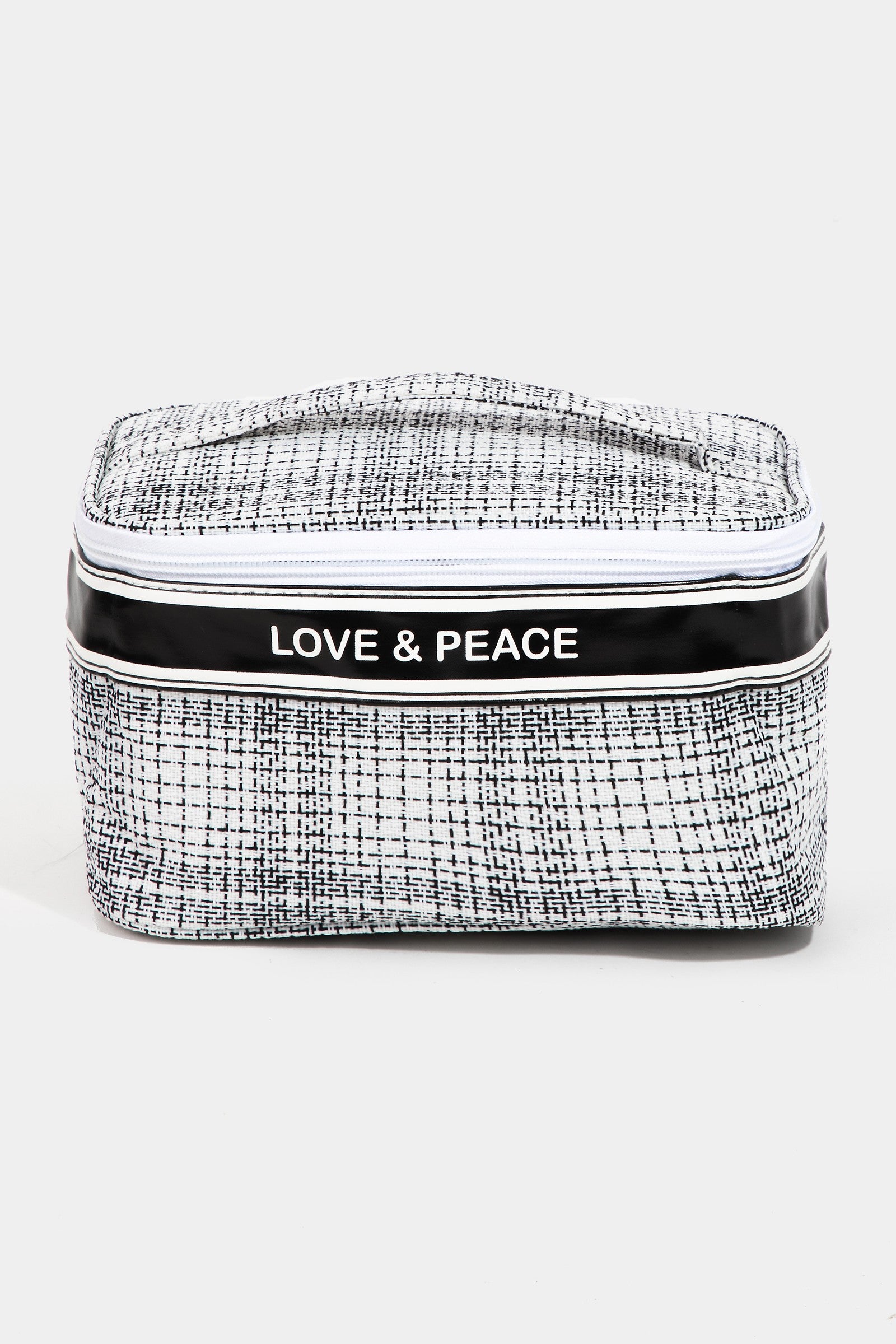 Introducing the Fame Love & Peace Striped Handle Bag: a turquoise toiletry bag with a chic design, adorned with a striped handle and secure zip closure, featuring "Love & Peace" printed on the front.