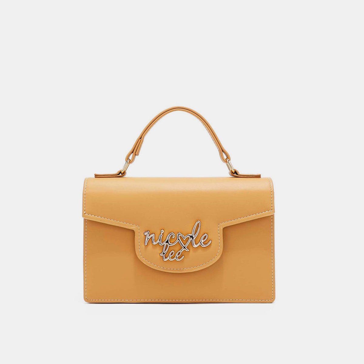 The Nicole Lee USA Small Crossbody Wallet in bright yellow features a handle and flap closure, accented with "nicole lee" in metallic letters on the front. It also includes an adjustable crossbody strap for versatile wear.