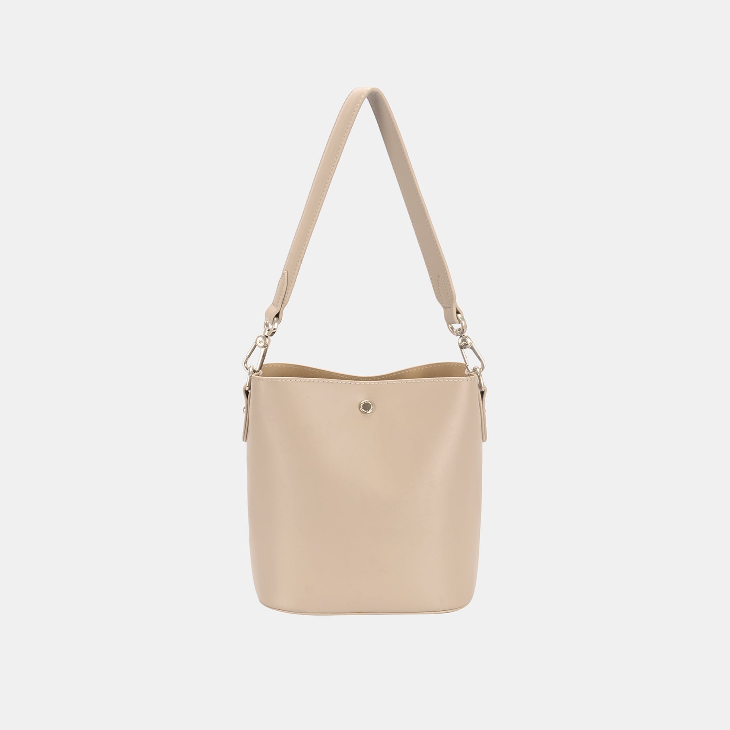 The David Jones PU Leather Shoulder Bag exudes chic style with its beige color, single strap, and practical front pocket.