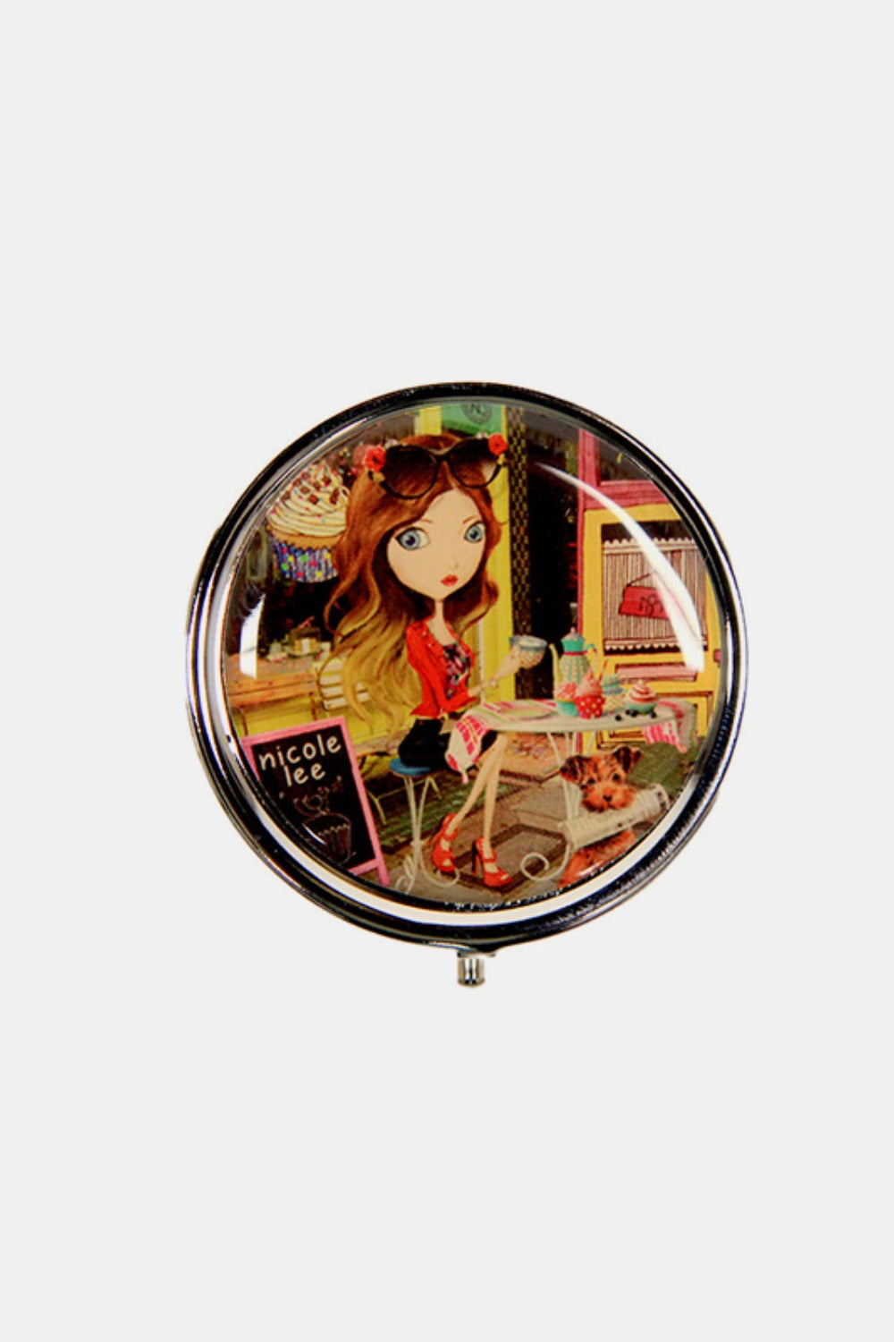 The Nicole Lee USA Print Metallic Circular Small Pill Case holds a metal pin that showcases an illustration of a dog and cat driving a red convertible through a city adorned with iconic buildings and landmarks, all wrapped in a sleek silver-tone metal exterior.