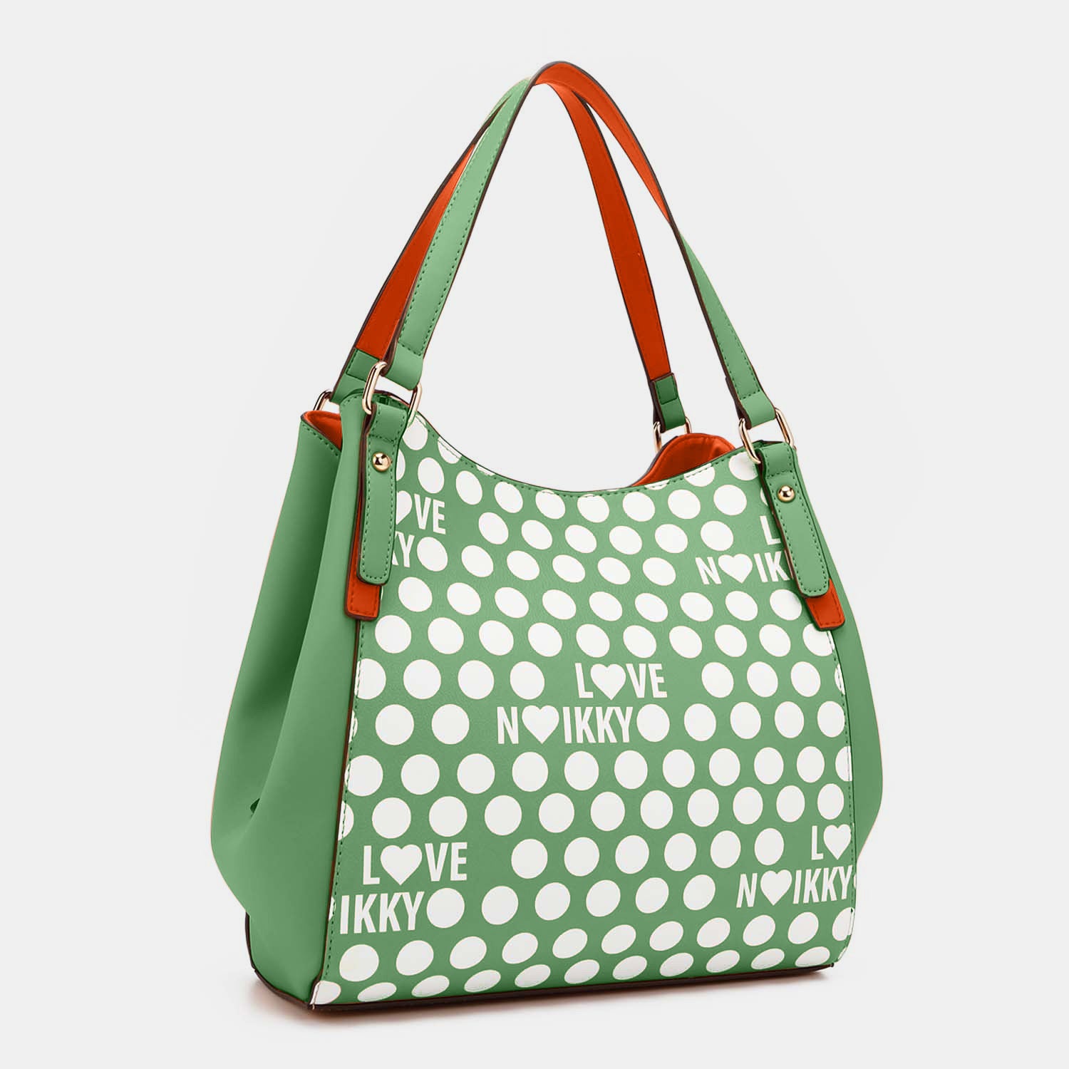 Nicole Lee USA Contrast Polka Dot Handbag made of vegan leather, featuring a green and white polka dot design, an "I LOVE NIKKY" text pattern, and a vibrant orange interior lining.