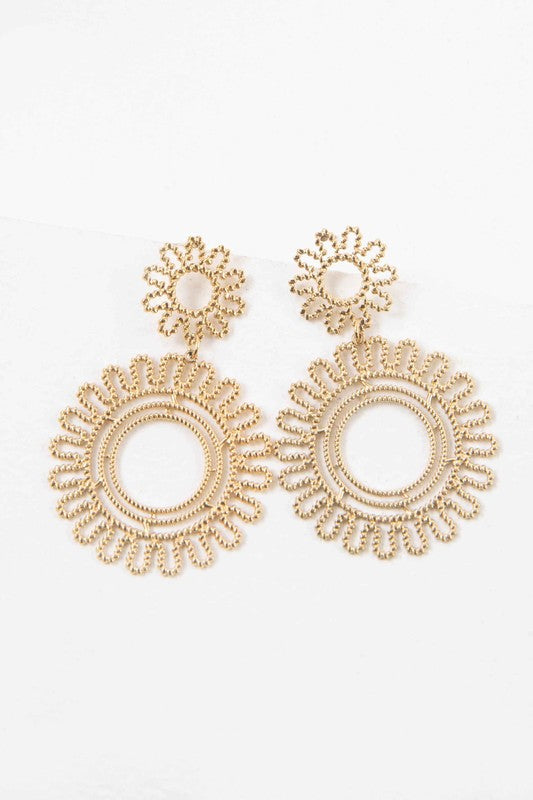 A pair of intricate Lace Flower Drop Earrings with a floral lace design displayed against a white background.