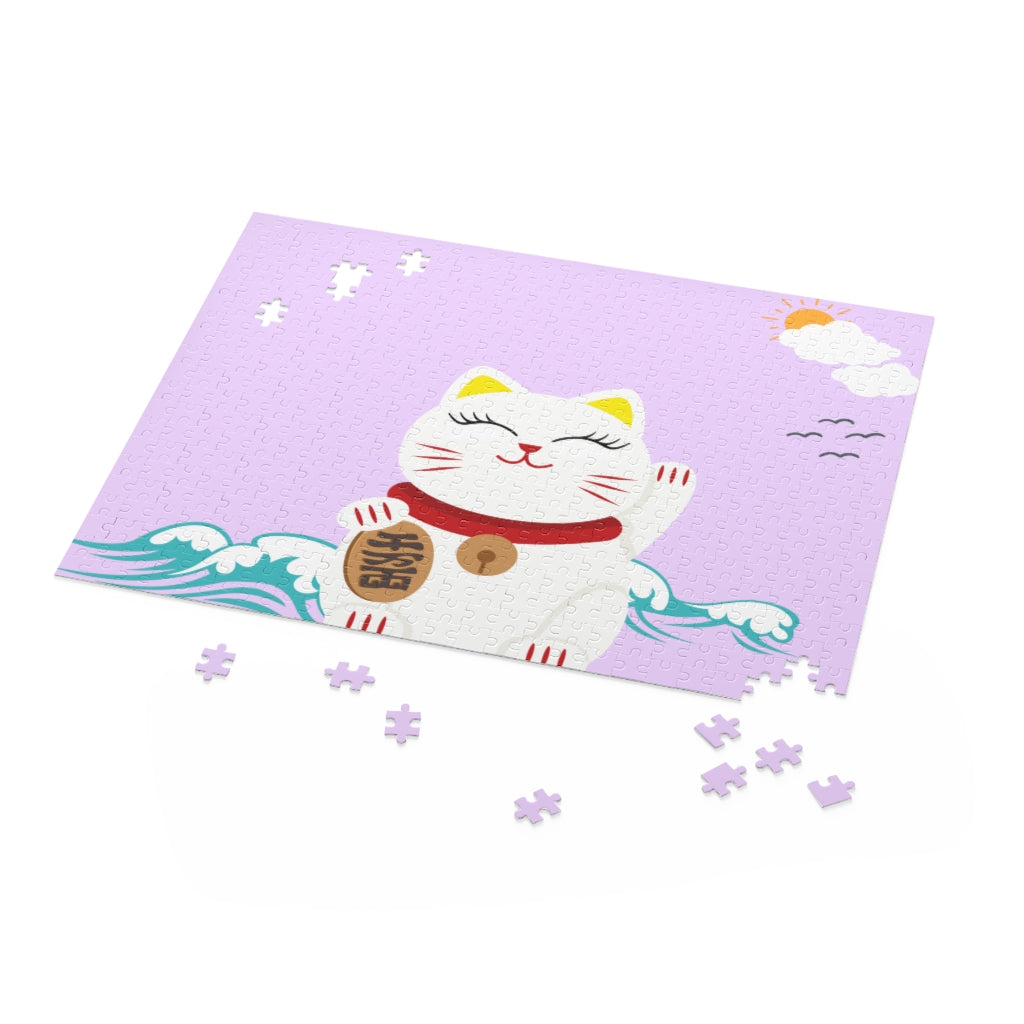 A Lucky Cat Jigsaw Puzzle 500-Piece featuring a cartoon lucky cat with a golden coin, against a background of waves and a partly sunny sky, composed of high-quality chipboard pieces.