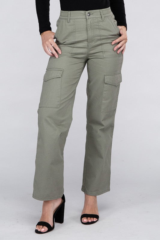 A person is wearing high-waisted, olive green Everyday Wear Elastic-Waist Cargo Pants, complemented by black high-heeled sandals.