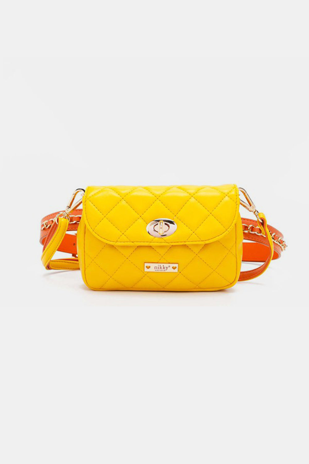 The Nicole Lee USA Quilted Fanny Pack is a light green, quilted crossbody bag crafted from vegan leather. It features gold hardware, including a twist-lock closure and a chain strap interwoven with orange leather accents. The brand name is visible on a gold plate at the front.