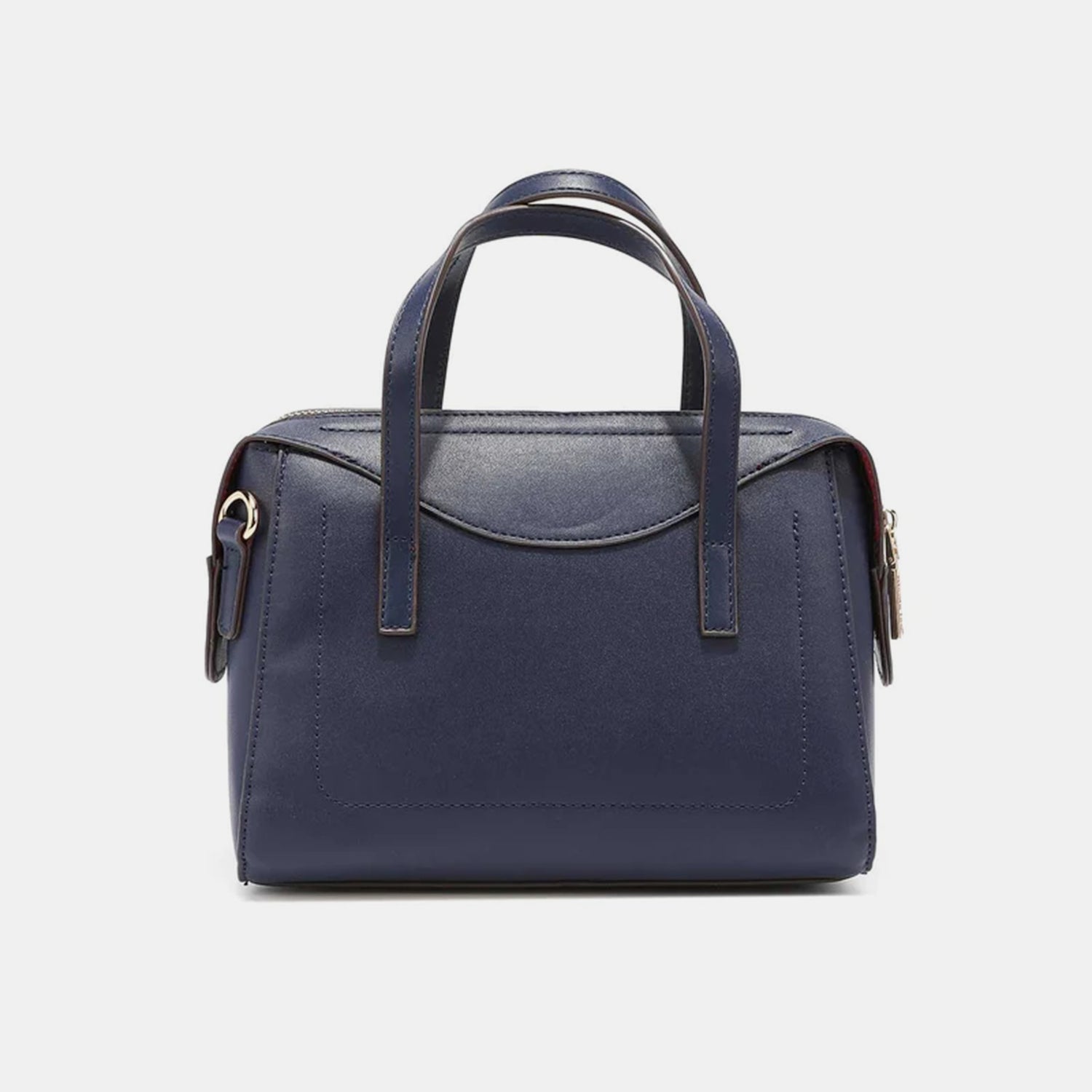 The Nicole Lee USA 3-Piece Color Block Handbag Set is a stylish collection that includes three blue and white vegan leather bags with black straps: a versatile tote bag, a chic small handbag, and an elegant round wristlet with a strap.