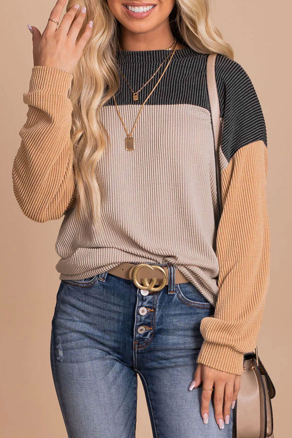 Wholesale Black Color Block Corduroy Long Sleeve Tops.