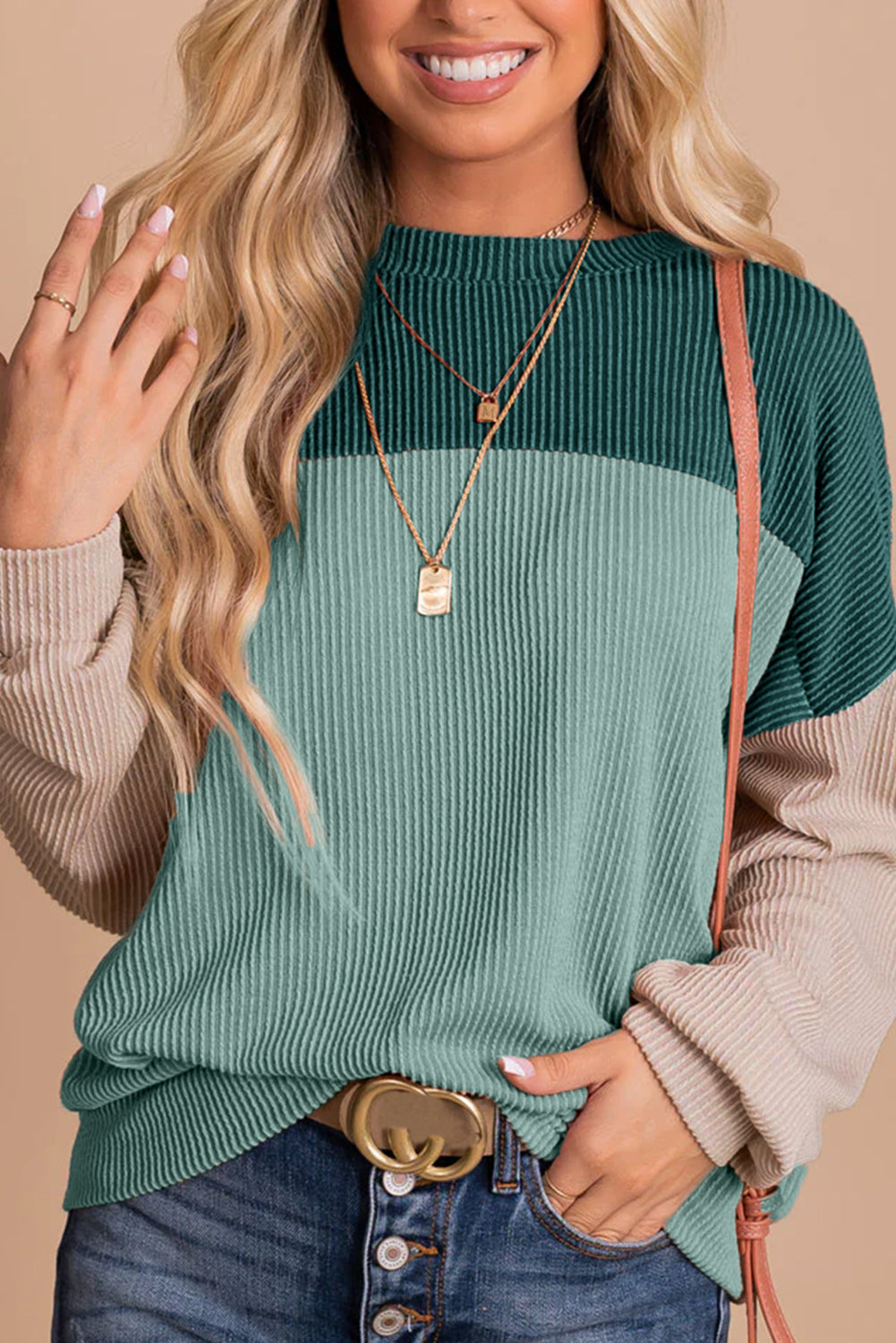 Wholesale Black Color Block Corduroy Long Sleeve Tops.