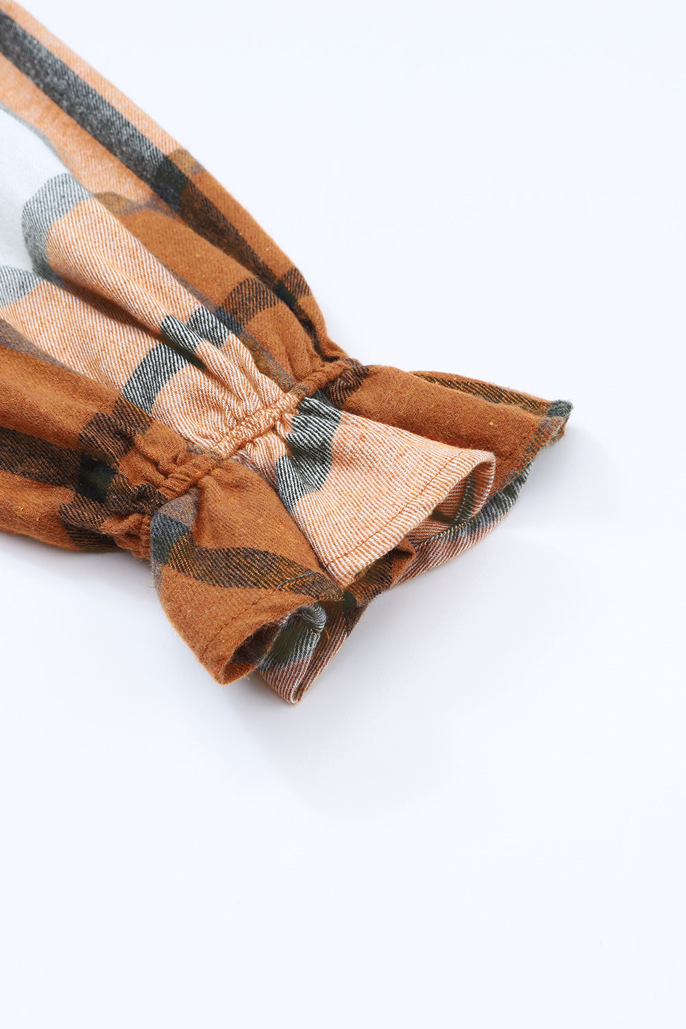 A woman wearing a Khaki Plaid Pattern Collared Neck Ruffled Sleeve Shirt Dress.