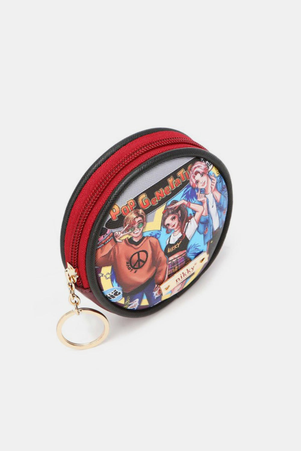 The Nicole Lee USA Keychain Round Coin Purse features a vibrant cartoon graphic on the front with three animated characters, crafted from eco-leather material. This stylish and functional accessory includes a zipper closure and a keyring attachment, making it perfect as a keychain round coin purse.