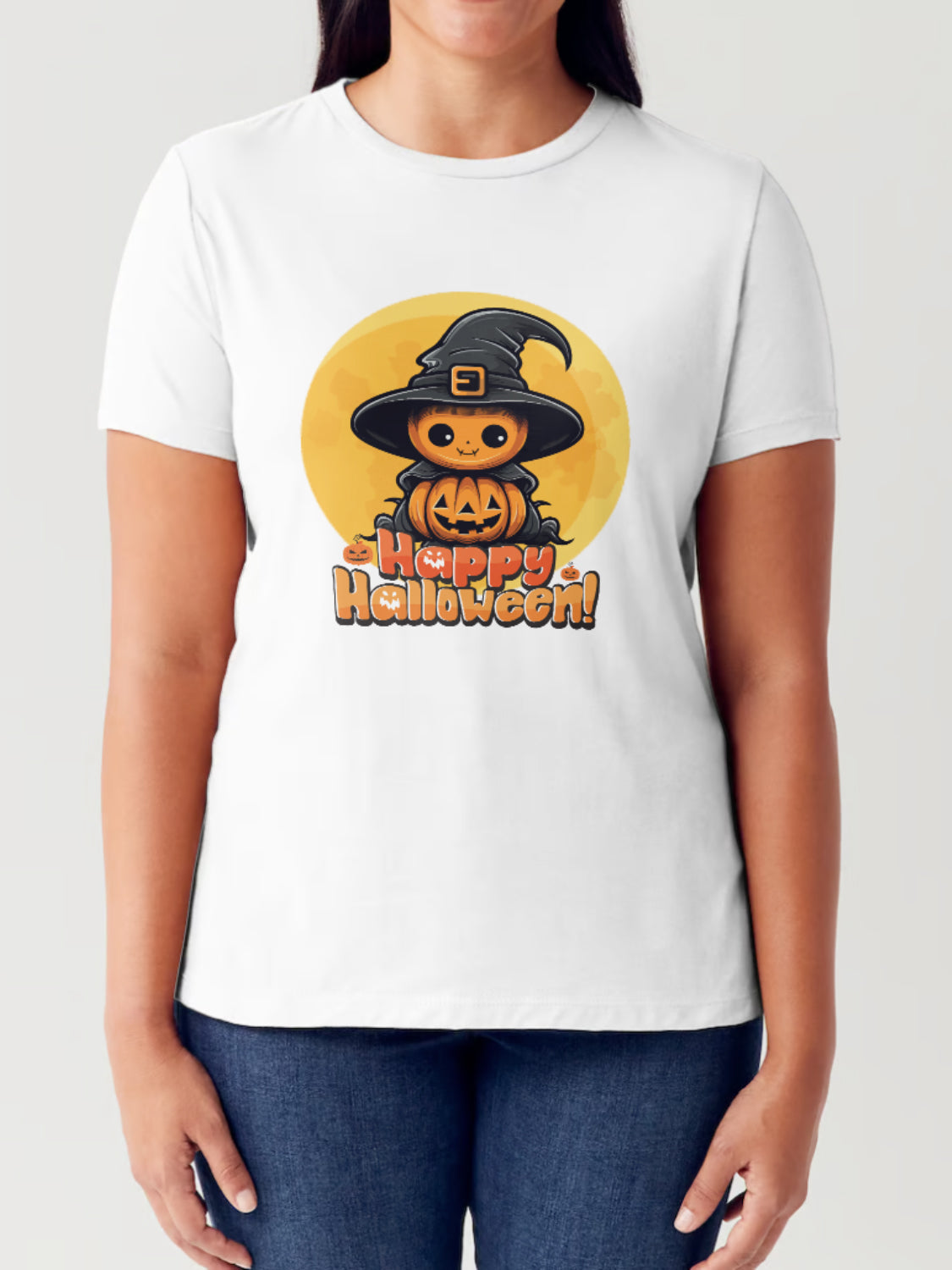 A person is wearing the Simply Love Full Size HAPPY HALLOWEEN Short Sleeve Tubular T-Shirt, made from 100% Ringspun Combed Cotton, showcasing a graphic of a black cat with a witch hat, a pumpkin, and the text "Happy Halloween!