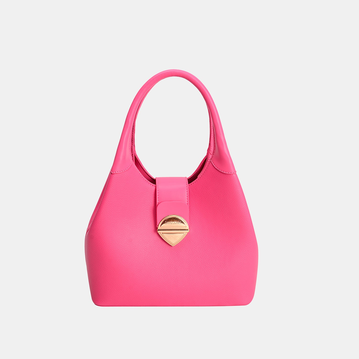 The David Jones PU Leather Handbag is a vibrant pink accessory with a sleek design, showcasing a single handle and adorned with an elegant gold triangular clasp on the front.