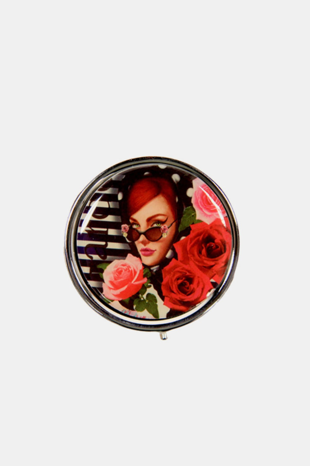 The Nicole Lee USA Print Metallic Circular Large Pill Case is a round pill case adorned with an illustration of a dog and cat driving an old-fashioned car, set against a backdrop of colorful city landmarks and signs. It's perfect for on-the-go medication management.