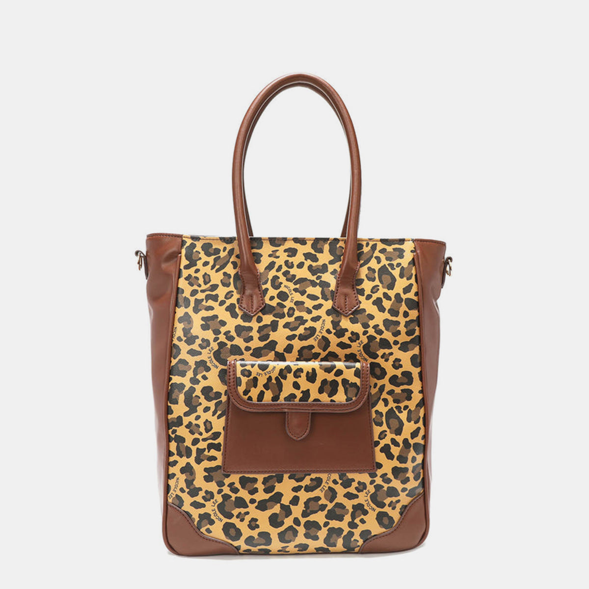 The Nicole Lee USA Leopard Large Tote Bag is a chic leopard print handbag made from vegan leather, featuring two handles, multiple pockets, a buckle, and zipper details.