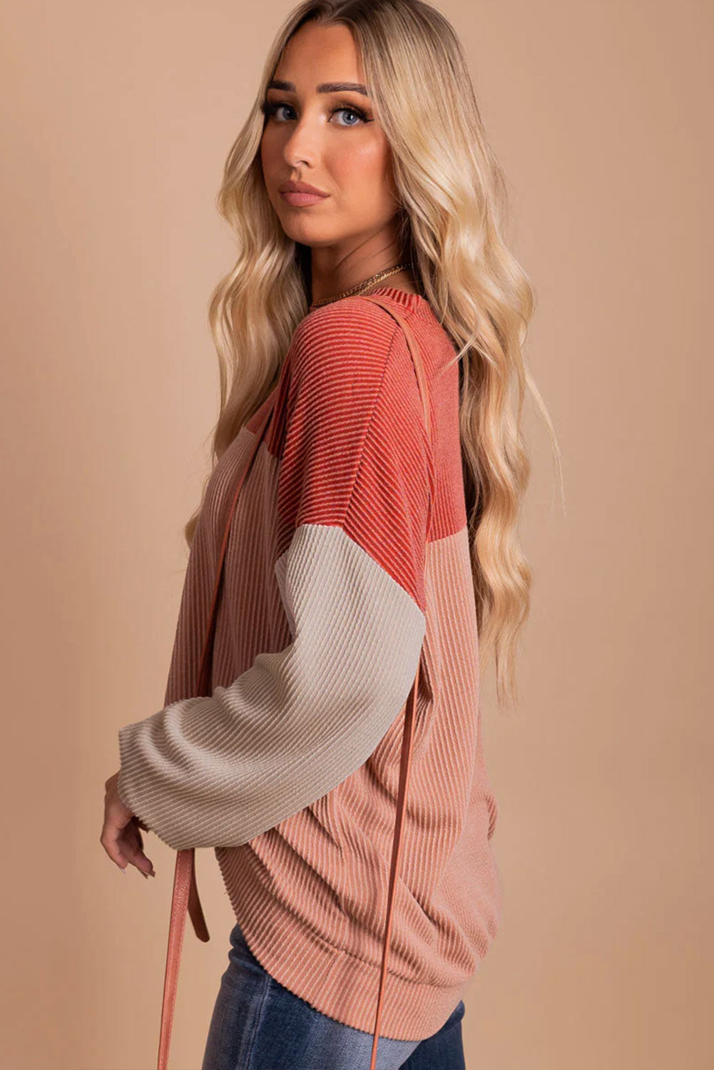 Wholesale Black Color Block Corduroy Long Sleeve Tops.