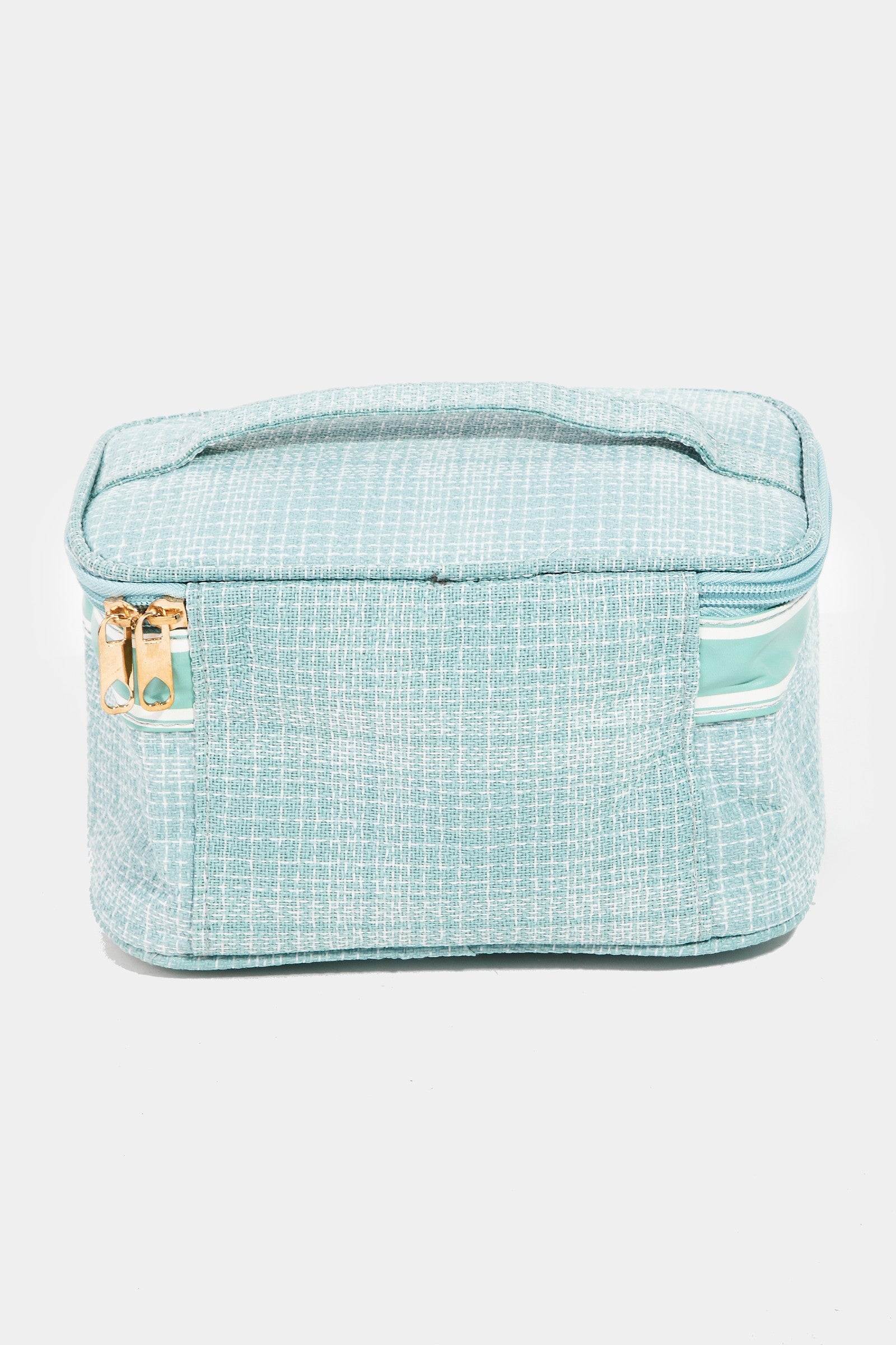 Introducing the Fame Love & Peace Striped Handle Bag: a turquoise toiletry bag with a chic design, adorned with a striped handle and secure zip closure, featuring "Love & Peace" printed on the front.