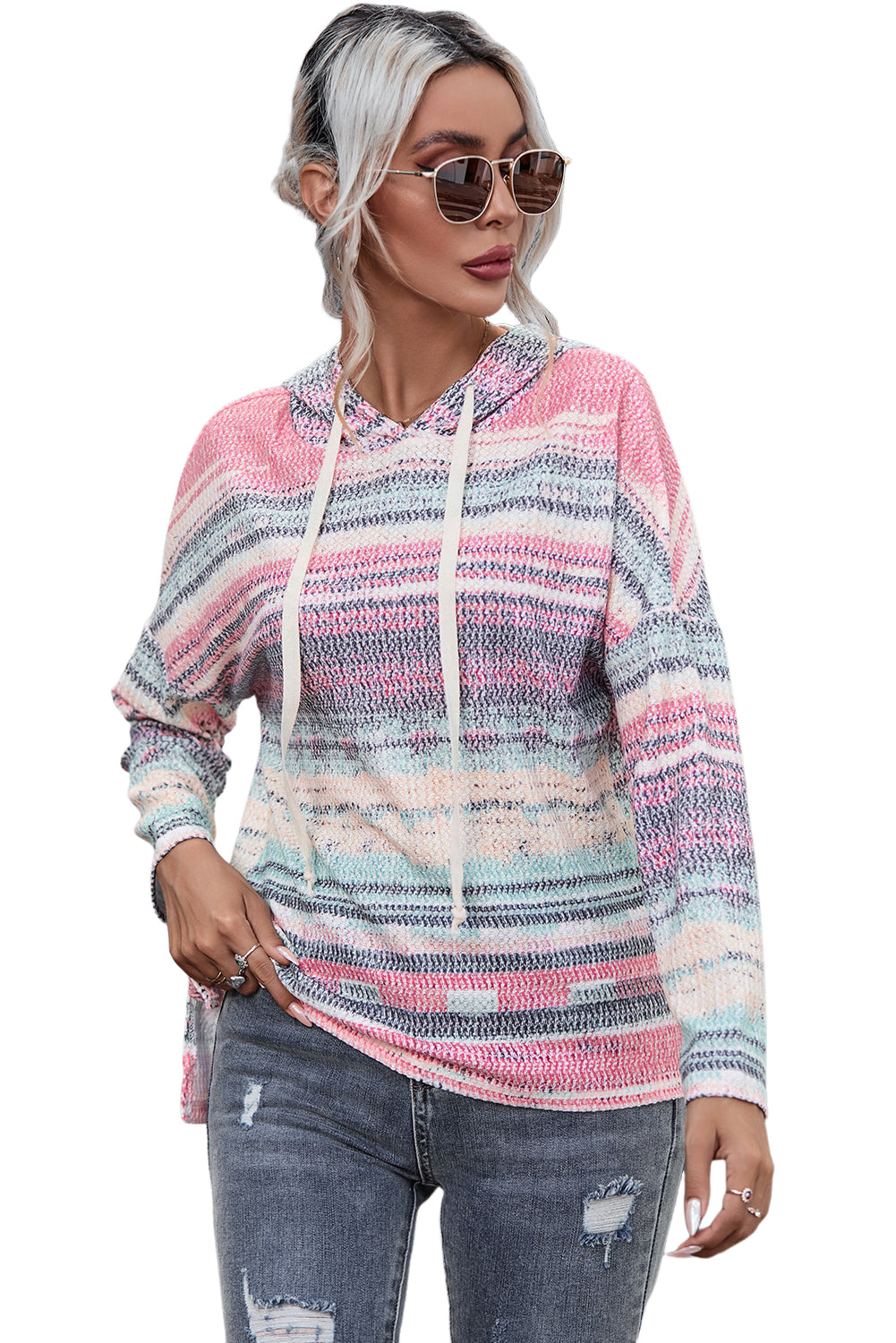 Multicolor Striped Print Cable Knit Drop Shoulder Hoodie