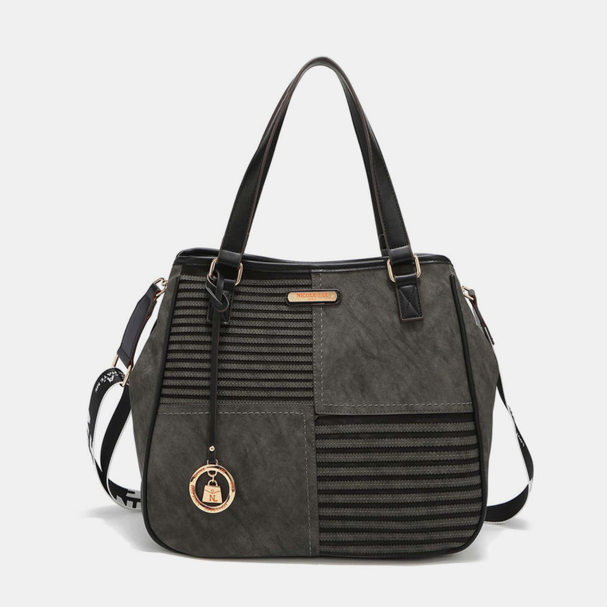 Nicole Lee USA's Scallop Stitched Tote Bag in red is made from vegan leather, showcasing textured stripes and scallop-stitched details, and includes a gold circular charm on one handle.