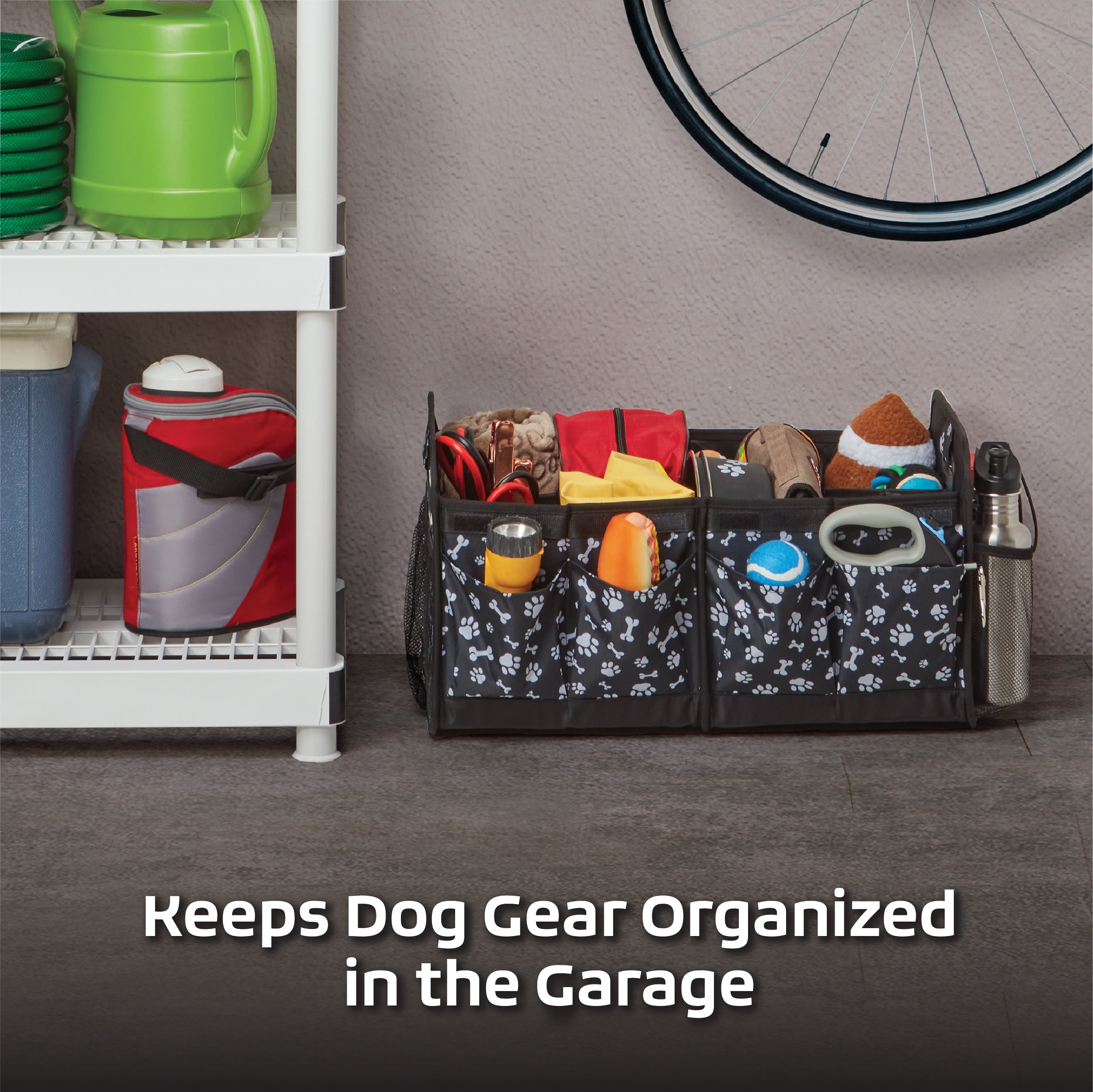 A collapsible multipurpose organizer filled with various items like bottles and bags. Text on the image reads "Great for Travel!" Perfect for dog travel essentials.