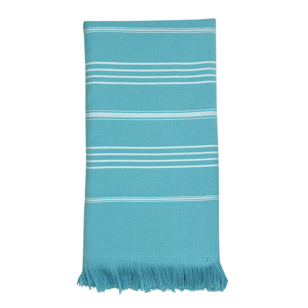 The Classic Terry Turkish Towel is a handmade white towel featuring horizontal gray stripes and fringed edges, ideal for enhancing the elegance of your bath collection.