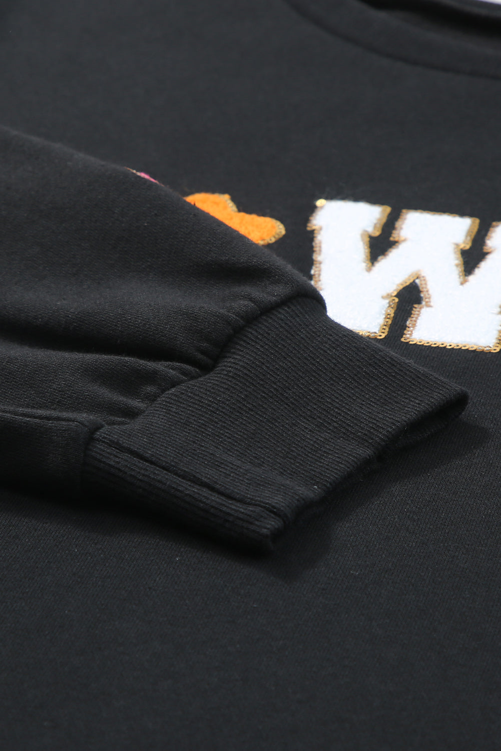 A woman with short blonde hair is wearing the Black Howdy Glitter Chenille Patch Graphic Casual Sweatshirt, featuring colorful star patterns and "WD" letters. She pairs it with light denim shorts and smiles while looking to the side.