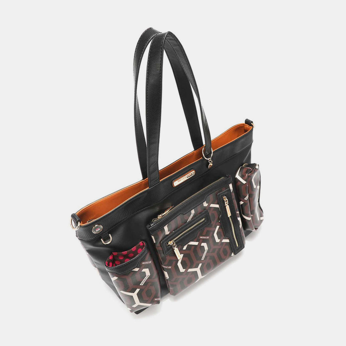 The Nicole Lee USA Geometric Pattern Large Handbag is a stylish women's handbag crafted from black vegan leather, adorned with versatile geometric designs in brown and beige on its front pockets.