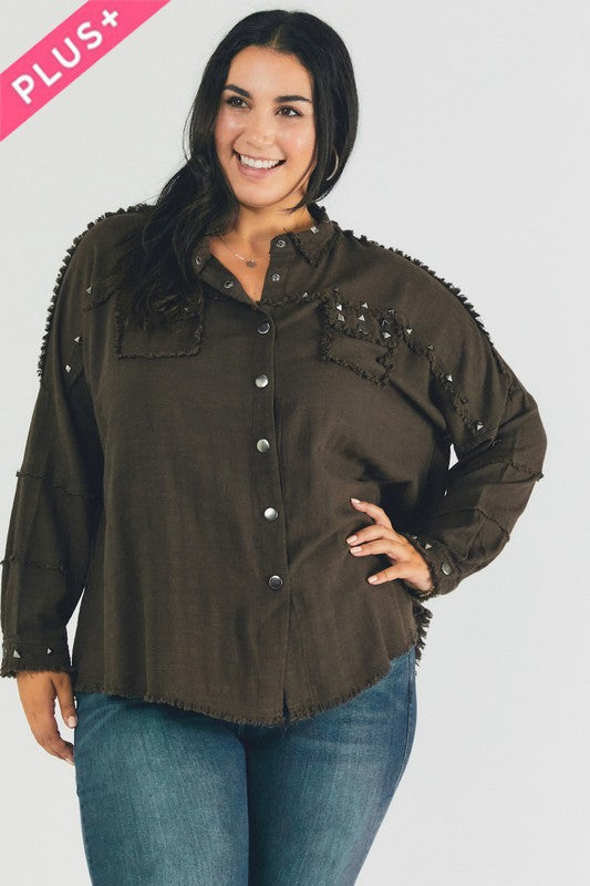 A person with dark hair wearing a Plus Distressed Hem Button Down Oversize Shirt and jeans stands against a light background, embodying casual comfort.