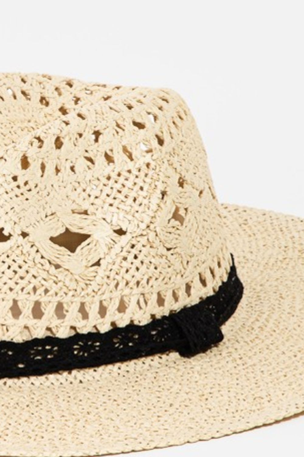 The Fame Openwork Lace Detail Wide Brim Hat is an elegant straw hat with a black trim, featuring intricate openwork lace that provides enhanced sun protection on a white background.