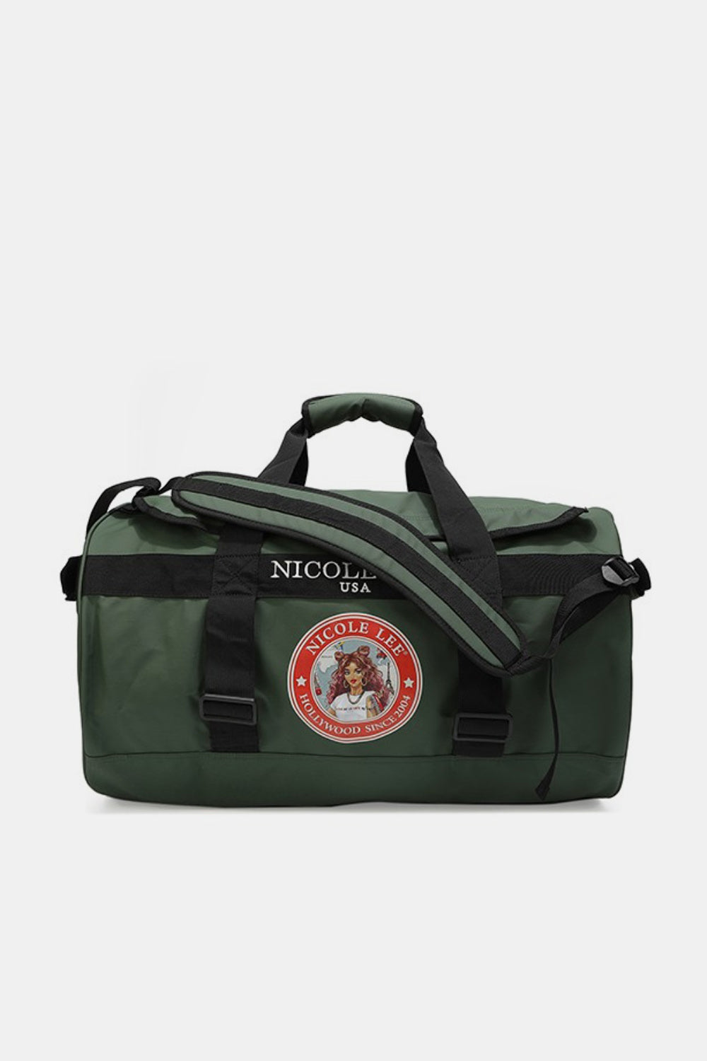 The Nicole Lee USA Large Duffel Bag is a lightweight, green bag with black straps and handles, featuring the "Nicole Lee USA" logo in the center and offering versatile carrying options.