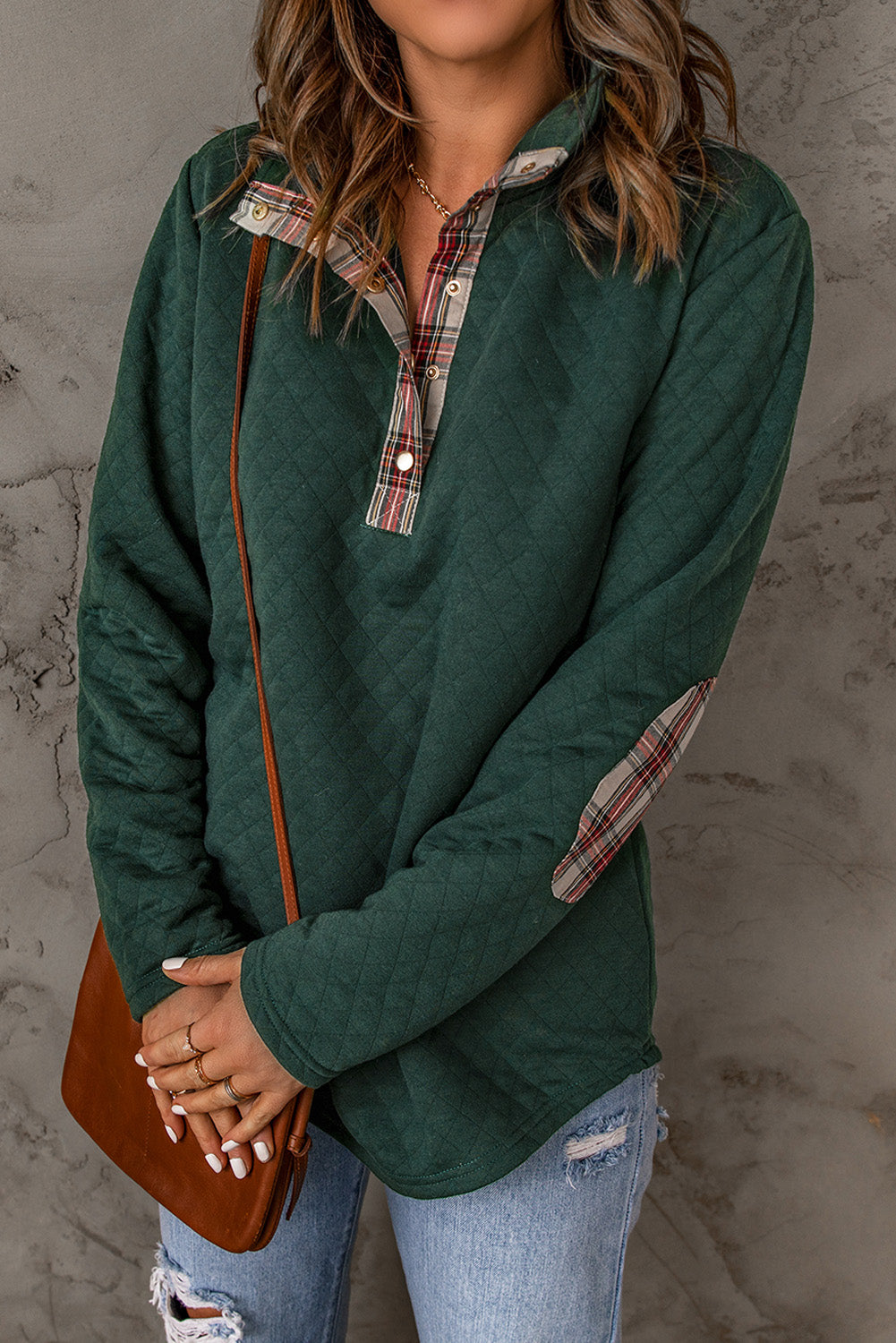 Green Geometric Texture Plaid Trim Sweatshirt