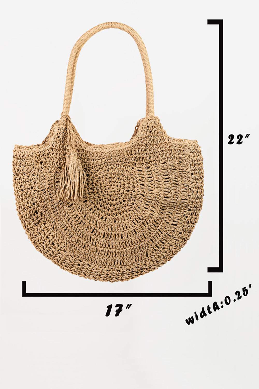 The Fame Straw Braided Tote Bag with Tassel, a woven straw handbag in a semi-circular shape featuring a braided handle and a decorative tassel, exudes Bohemian flair.