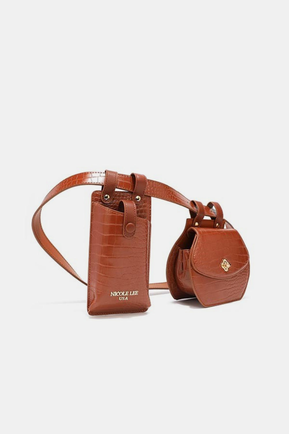 The Nicole Lee USA 2 Piece Texture Belt Bag is a brown vegan leather belt with an attached phone case and small pouch featuring a crocodile skin pattern. The adjustable belt also includes removable pouches for added convenience and style.