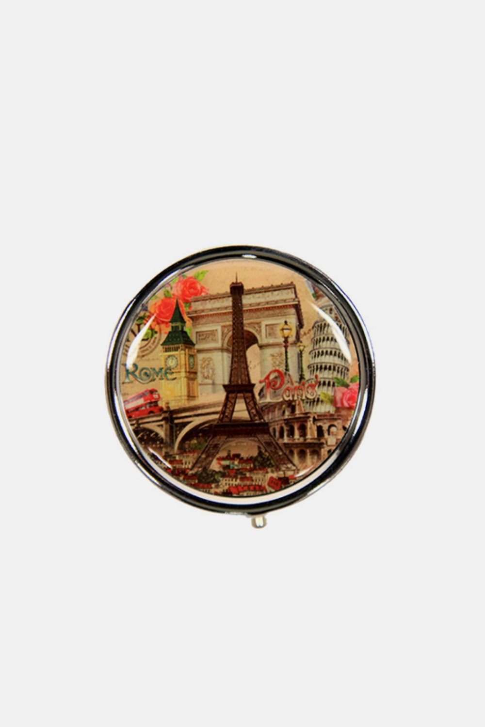 The Nicole Lee USA Print Metallic Circular Large Pill Case is a round pill case adorned with an illustration of a dog and cat driving an old-fashioned car, set against a backdrop of colorful city landmarks and signs. It's perfect for on-the-go medication management.