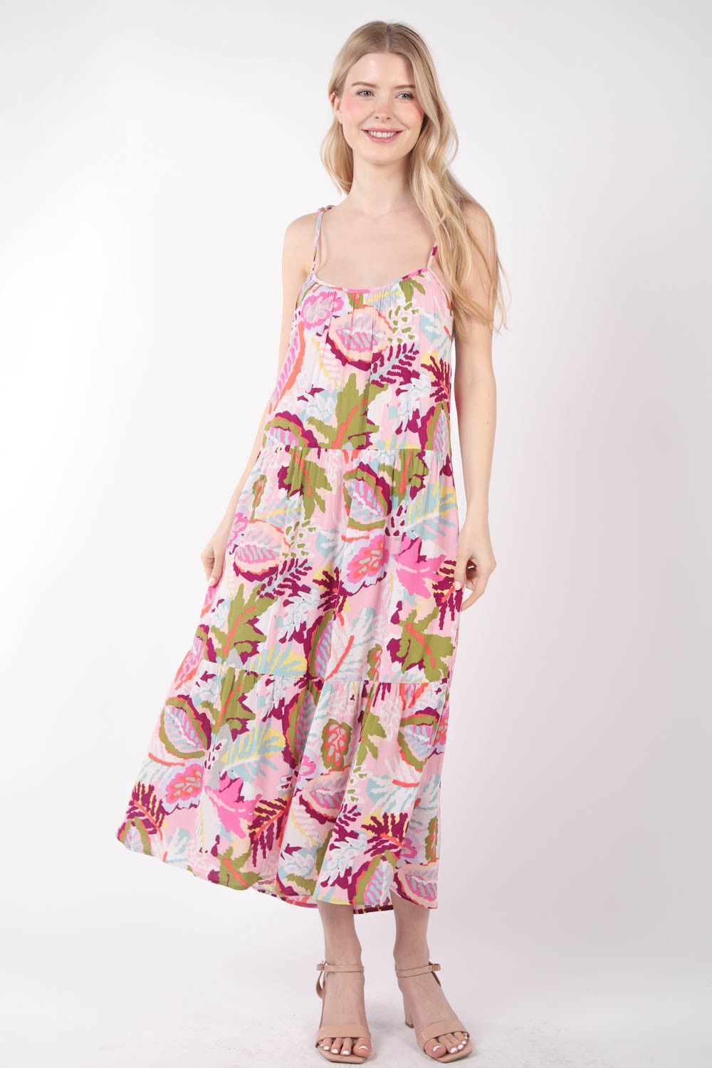 A person wearing the VERY J Tropical Printed Cami Midi Dress and strappy sandals stands against a plain background.