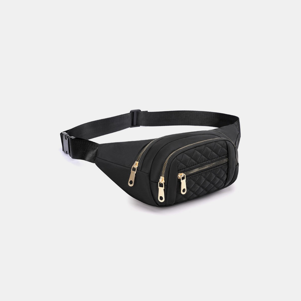 The Zenana Quilted Multi Pocket Waist Belt Bag in black features gold zippers, an adjustable strap, and multiple pockets for hands-free carrying.