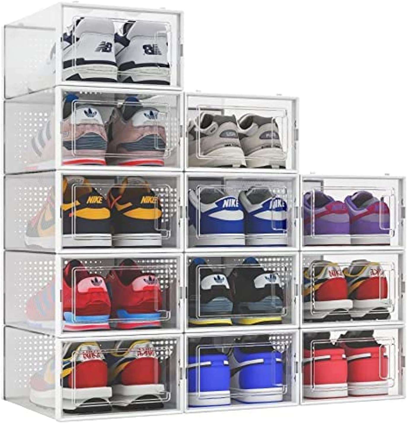 12 Pack Shoe Storage Boxes, Clear Plastic Stackable Shoe Organizer Bins, Drawer Type Front Opening Shoe Holder Containers