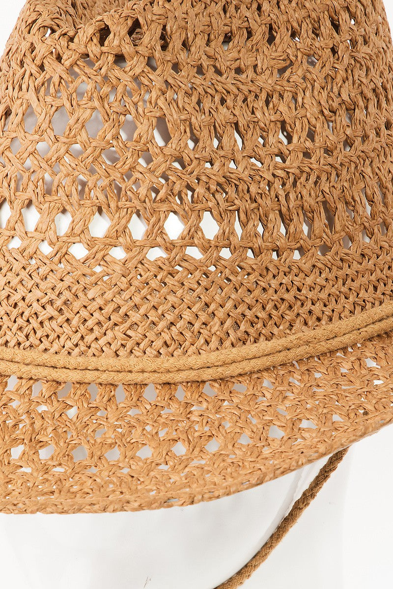 The Fame Rope Strap Straw Braided Hat, a tan woven cowboy hat with a braided rope strap, is displayed on a white mannequin head against a plain background.