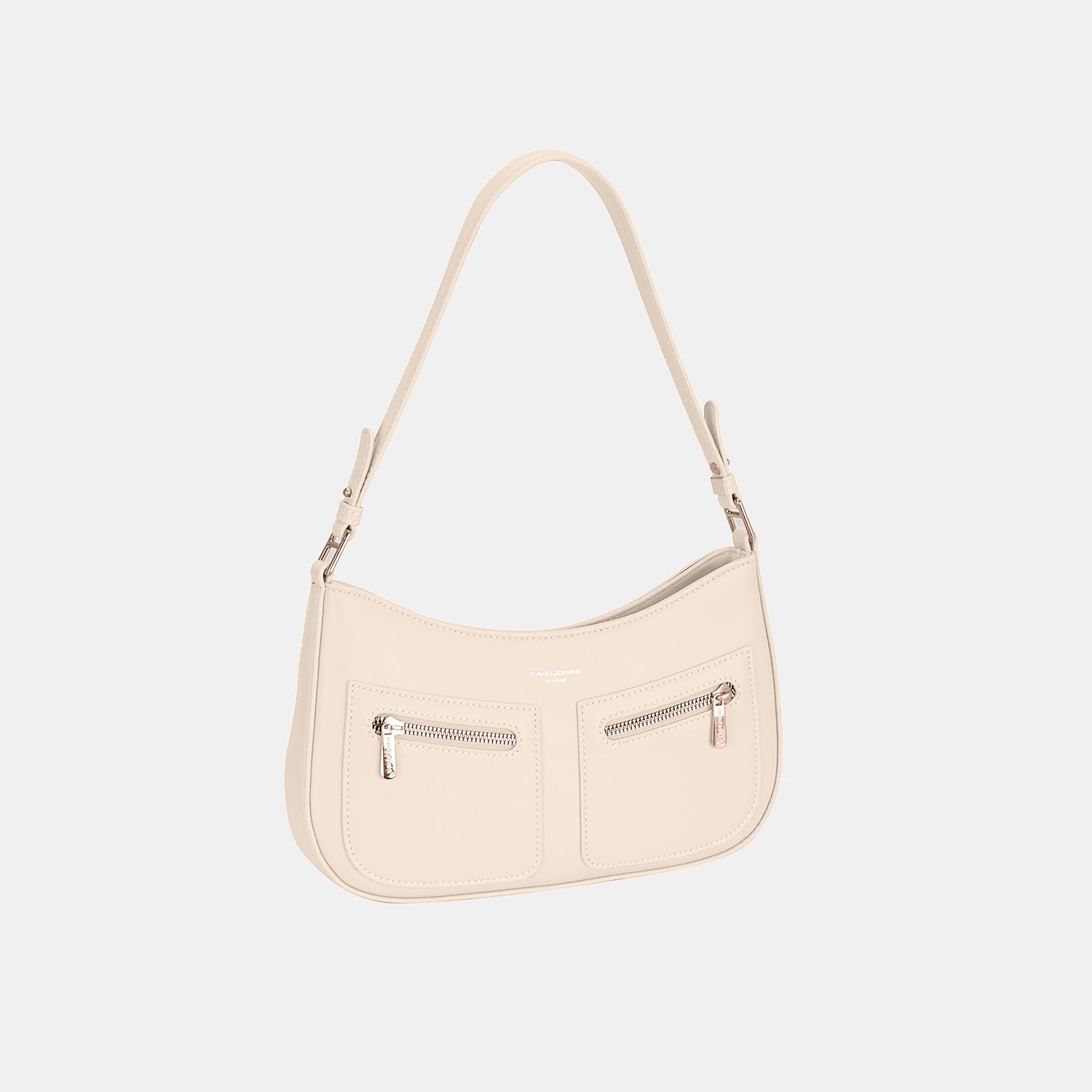 The David Jones Front Double Zip Design PU Leather Shoulder Bag is a chic and practical pink accessory, showcasing elegant gold-tone hardware and crafted from PU leather, all presented against a white backdrop.