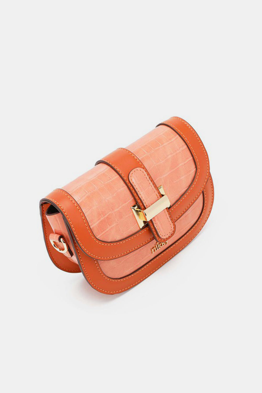 This stylish Nicole Lee USA croc embossed crossbody bag, crafted from eco-leather, features an orange hue, a gold buckle, and the brand name "nikky" on the front.