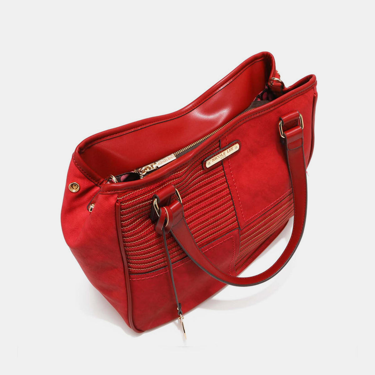 Nicole Lee USA's Scallop Stitched Tote Bag in red is made from vegan leather, showcasing textured stripes and scallop-stitched details, and includes a gold circular charm on one handle.