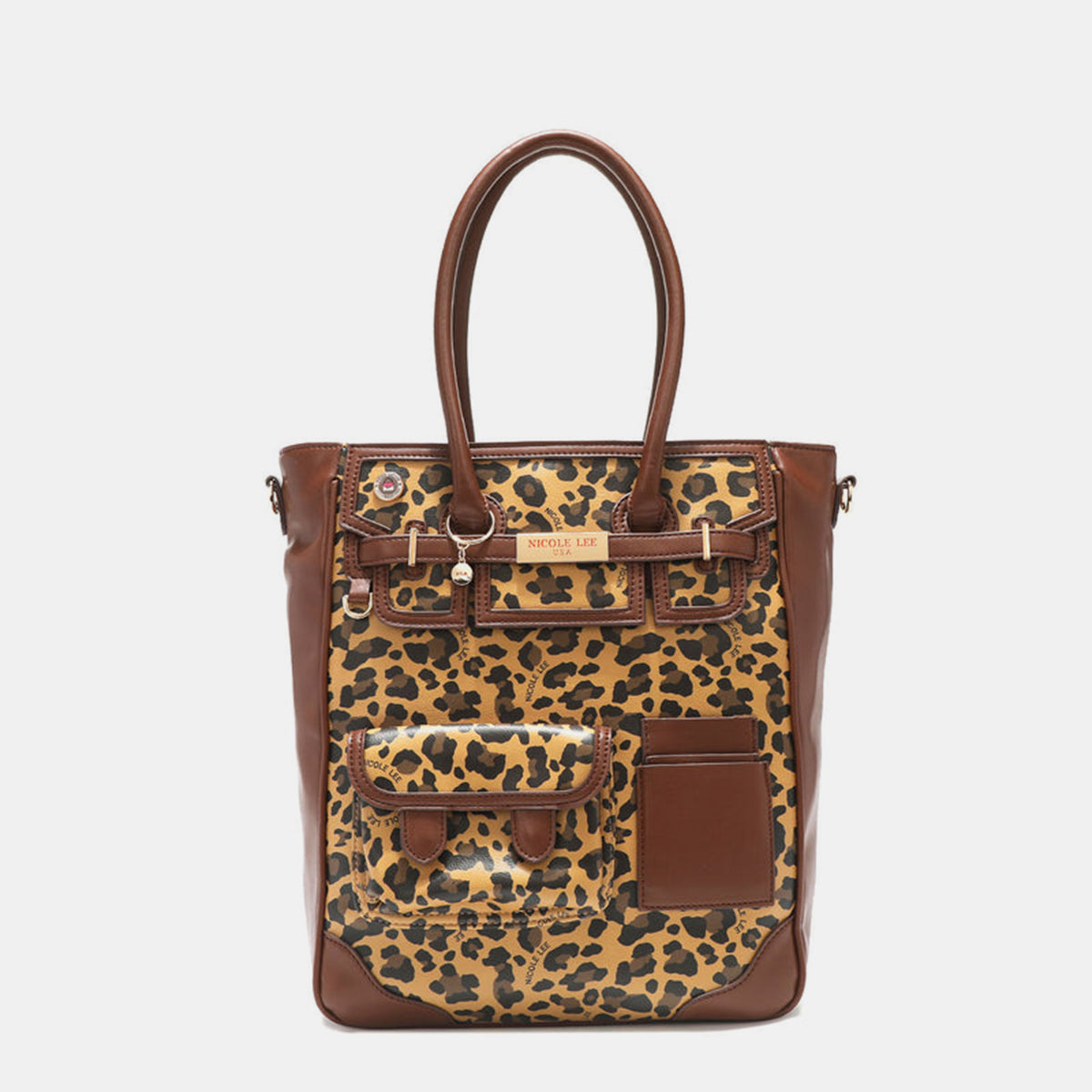 The Nicole Lee USA Leopard Large Tote Bag is a chic leopard print handbag made from vegan leather, featuring two handles, multiple pockets, a buckle, and zipper details.