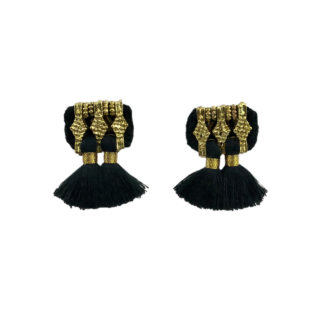 A pair of Jhumka Earrings in gold and black, showcasing detailed geometric designs with fringed ends.