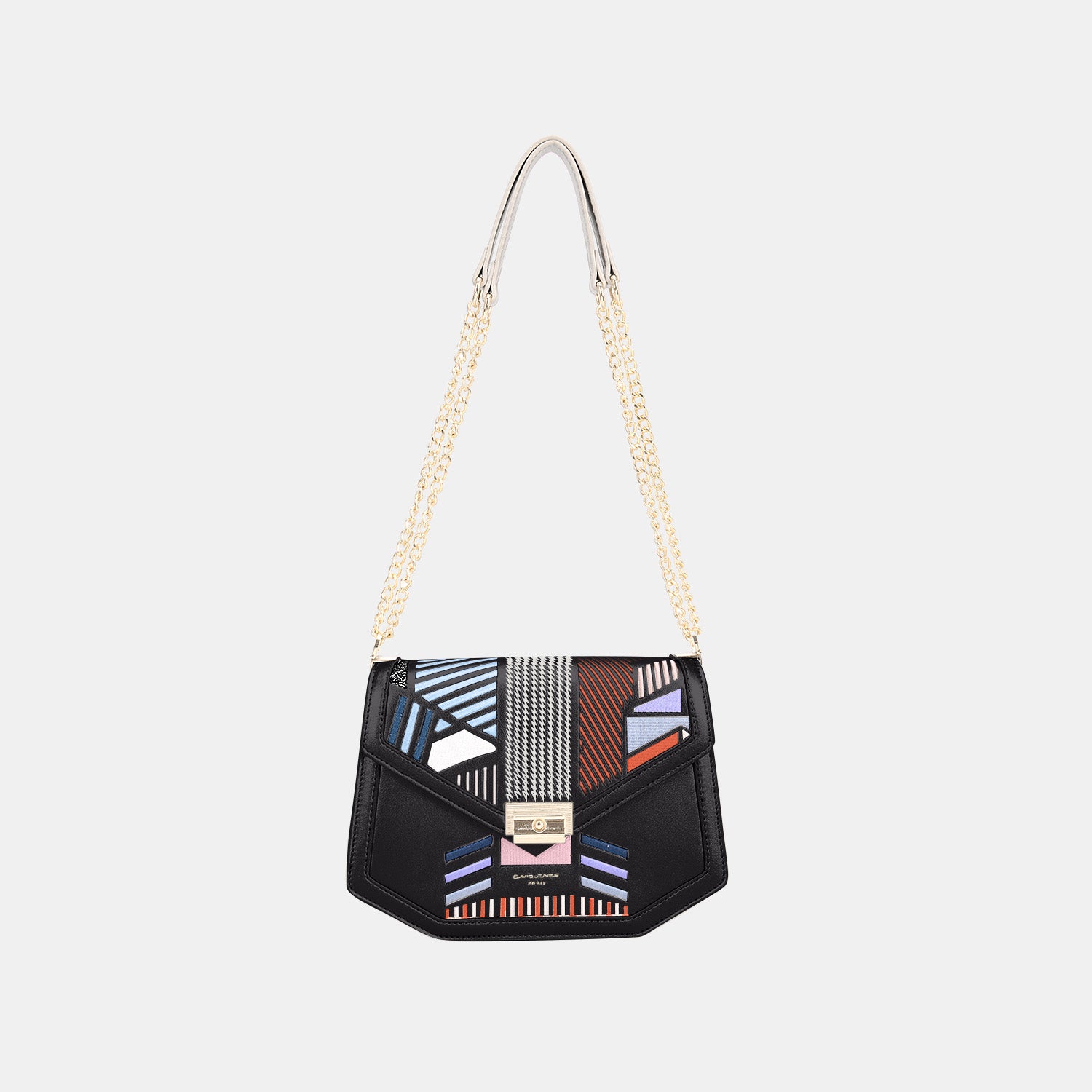 The David Jones Geometric Print Crossbody Bag features a white base adorned with colorful geometric patterns and is complemented by a stylish chain shoulder strap, making it a trendy accessory.