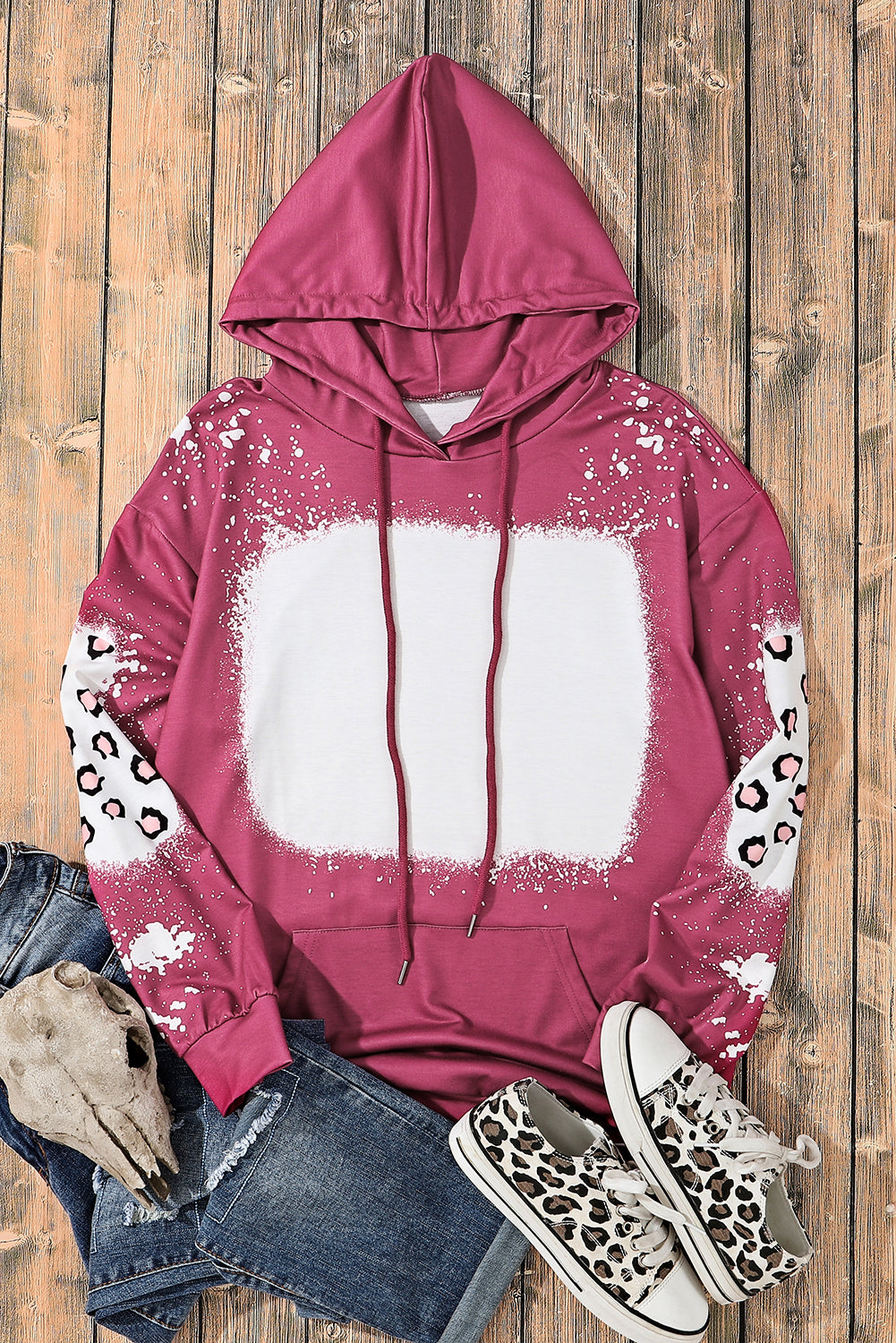 Rose Leopard Bleached Hoodie with Pocket