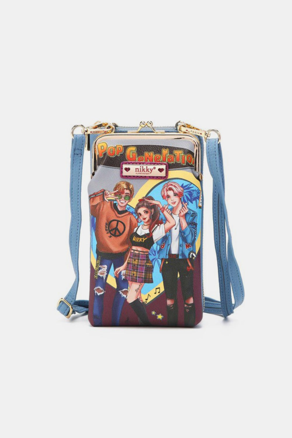 The Nicole Lee USA Printed Crossbody Wallet is a blue eco-leather crossbody bag that showcases an illustrated design of three stylish characters with the text "Pop Generation" at the top, and it features an adjustable strap for comfort.